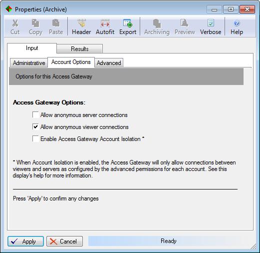 The Access Gateway Settings window appears, and by default includes a column showing the current status of the Account Isolation setting: Double-clicking on the entry in this window will open the