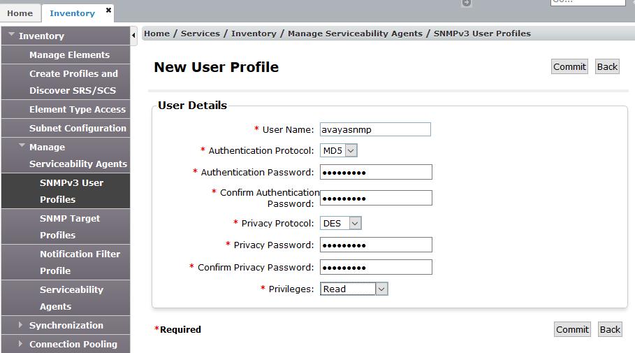 Step Description 3. Select and expand on the Manage Serviceability Agents SNMPv3 User Profiles and click New (not shown) to add a new user profile.