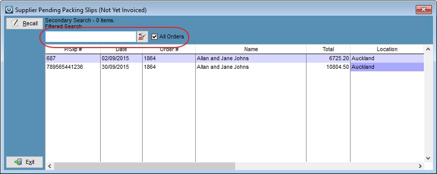 10101 Filtered Searching of Order # and Invoice # has been added to the Pending Packing Slips screen.