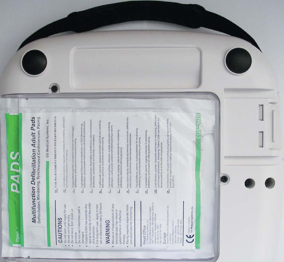 SMART PADS - SMART STORAGE! The pre-connected Smart electrode pads are stored in a clear storage compartment on the underside of the unit.