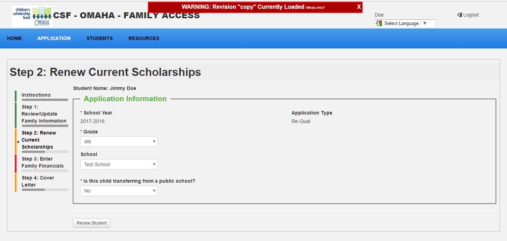 Step 7: After clicking the Renew button, verify that the student s grade and school are correct for the