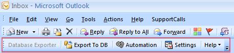 3. Toolbar buttons in Outlook Once installed, Database Exporter appears as a toolbar in Outlook. You can easily recognize it from the title Database Exporter grayed out.