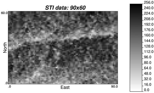 Small Training Image A small 60 by 90 pixel image was extracted from the center of the training image. The image was transformed into a GSLIB format data file, which is called STI data.