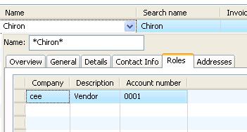 Enter Chiron and click outside the field. The lookup will open with Chiron Retail displayed. 3. On the Roles tab, notice that Chiron Retail is also a vendor in CEE.