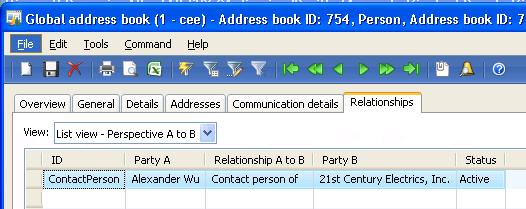 You can view a contact person relationship on the Relationships tab in the Global address book form.