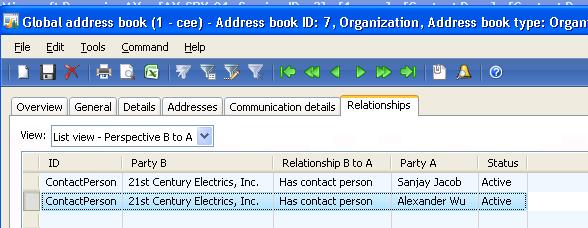 This way, when you look at an organization party in the Global address book form, you can view all of the contact people for that organization.