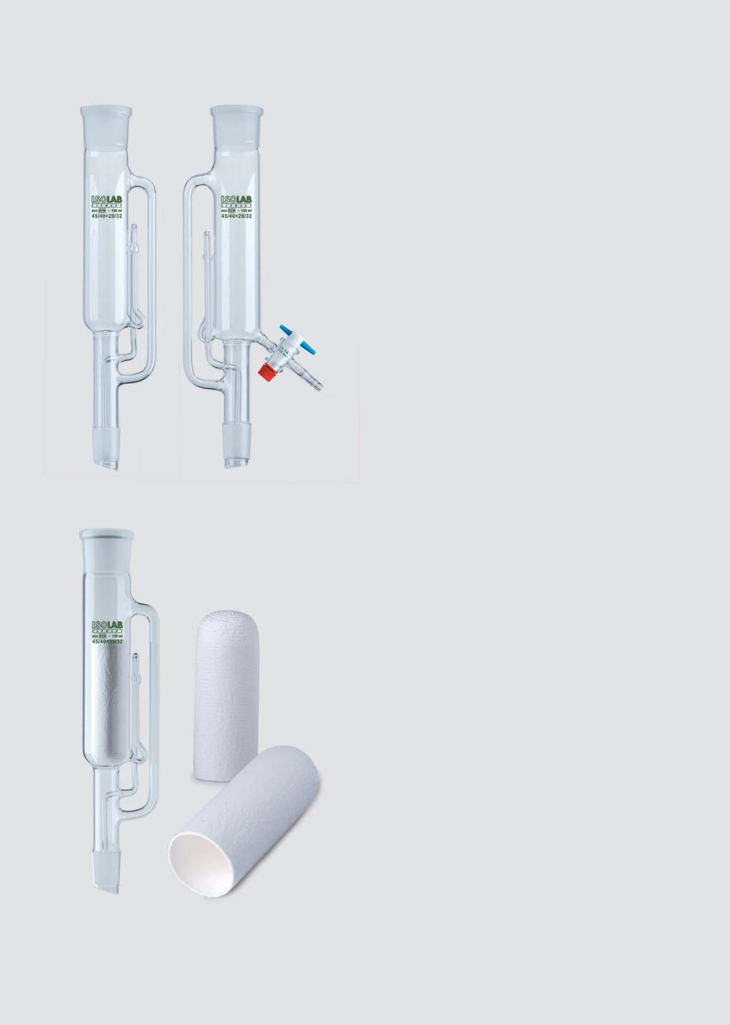 analytical laboratory soxhlet extractors with and W/O stopcock DIN 12602. Either supplied with PTFE stopcock or without any stopcocks. The side arms accept tubings with 8/9 mm bore size.