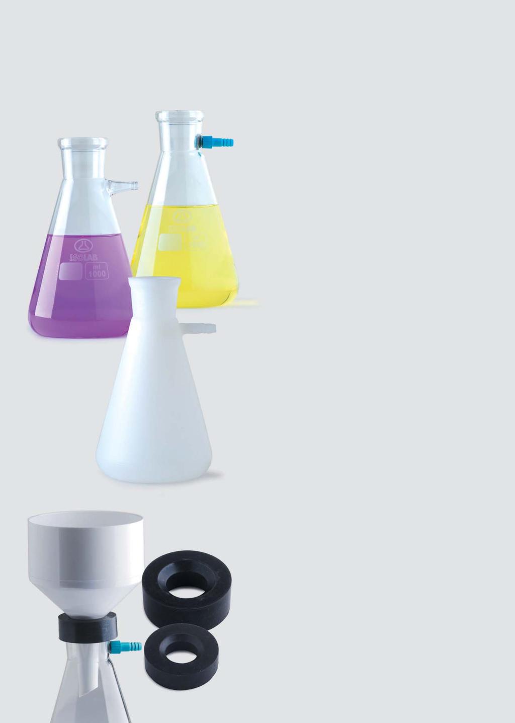analytical laboratory filter flasks glass Manufactured from borosilicate glass 3.3 with thick walls according to ISO 6556 and DIN 12476 standards.