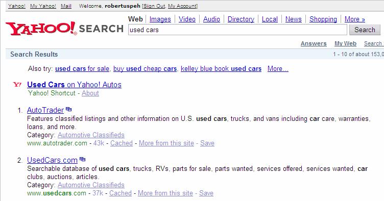 Slika 10: Prikaz promocije vsebine nad rezultati iskanja pri iskanju po ključni besedi»used cars«pri iskalniku Yahoo! Vir: Yahoo.com, 2006. 3.4.