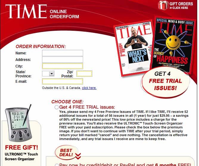 Slika 11: Končna verzija naročilnice na revijo Time, ki je izboljšala odziv glede na prejšnjo za 16,2 % Vir: Time.com, 2006.