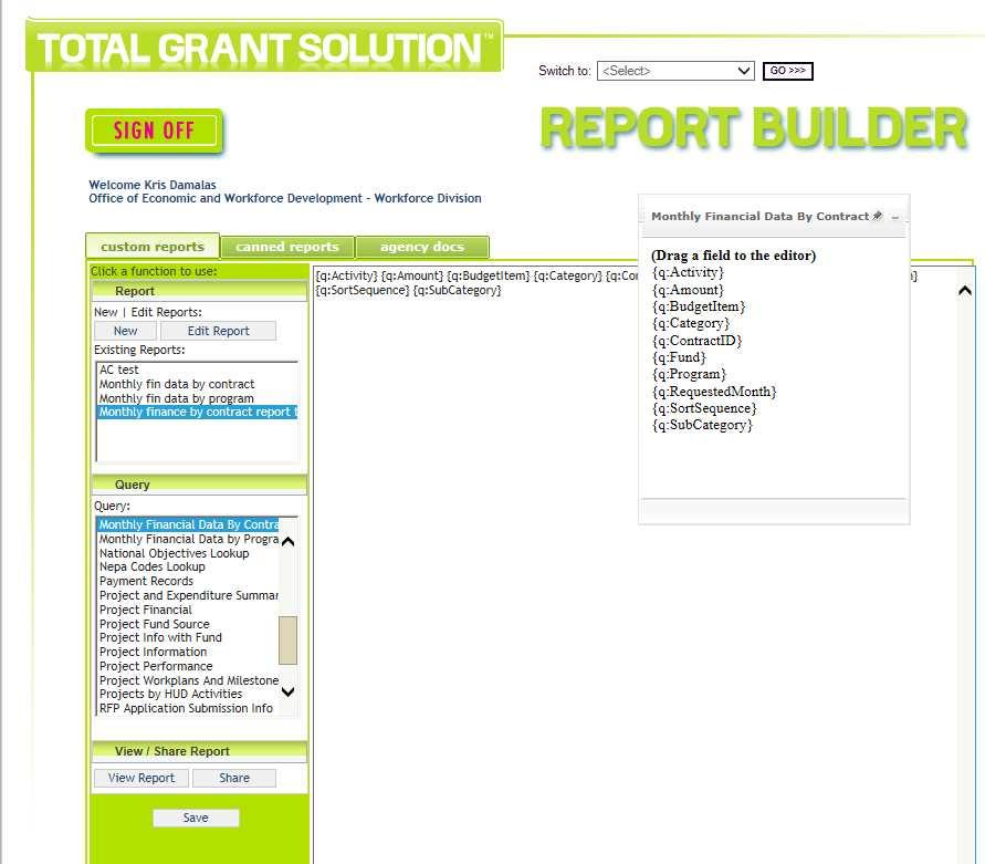Once your template is created, select (highlight) it in the existing reports box and click the view report box on the bottom left hand section of the screen.