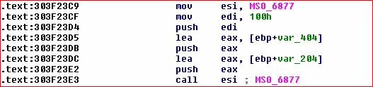 This is because in the fixed version, there is more than one call to MSO_6877 in the same function and call esi only requires two bytes worth of instructions.