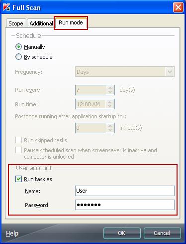 6. In the opened window on the Run mode tab in the User account section check the Run task as box. In the fields below specify the user name and password. 7. Click the OK button. 8.