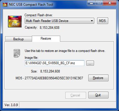 Page 5 Launch the NEC USB Compact Flash Tool. (a) Verify the tool recognizes the CF card. (b) Select the Restore tab. (c) Select Browse and locate the IIIMAGE folder on the DVD.