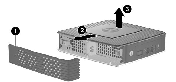 To remove the access panel: 1. Remove the secure compartment cover (1). For more information, see Removing the Secure USB Compartment Cover on page 11. 2. Remove the stand, if it is installed (2).