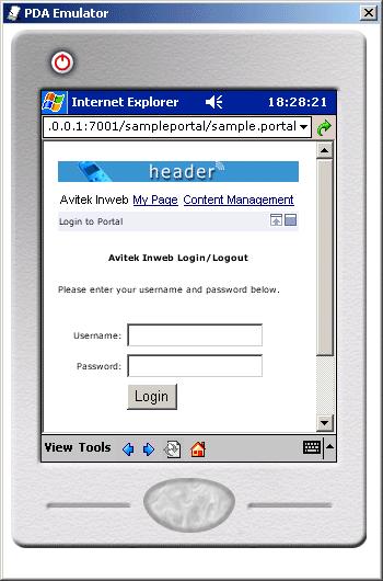 19. Now, click the Launch PDA emulator icon again. The PDA emulator is displayed. PDA emulator 2 Mobilize the Portal The sample header and footer will display, indicating that the portal is mobilized.