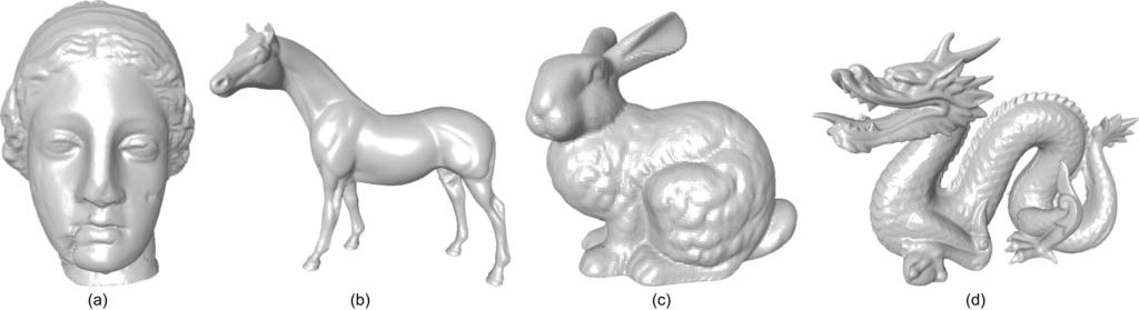 RESEARCH REPORT OF LIRIS 12 Fig. 6. The original non-watermarked meshes: (a) Venus, (b) Horse, (c) Bunny, (d) Dragon. Fig. 7. The watermarked meshes: (a) Venus, (b) Horse, (c) Bunny, (d) Dragon.