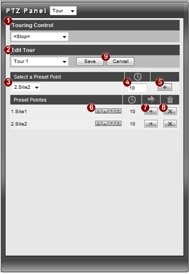 Tour Preset Tour is a preconfigured PTZ sequence that directs the camera to cycle through multiple preset PTZ views, including where to look and how long to look at each location.
