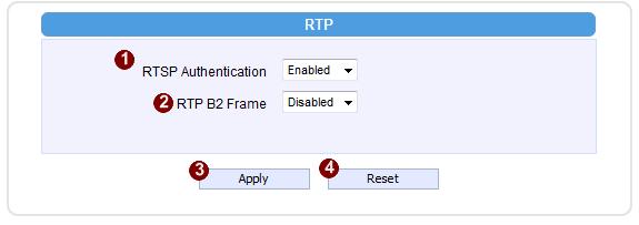 RTP Click RTP Item to configure RTP Settings Check box to enable RTP streaming s Account/Password RTSP Authen Enable authentication.