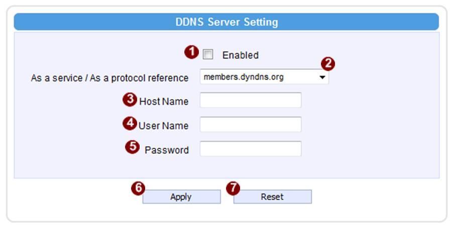 DDNS Click the [DDNS] item to display the DDNS Server Setting Page. Refer to the table below for how to configure each setting.
