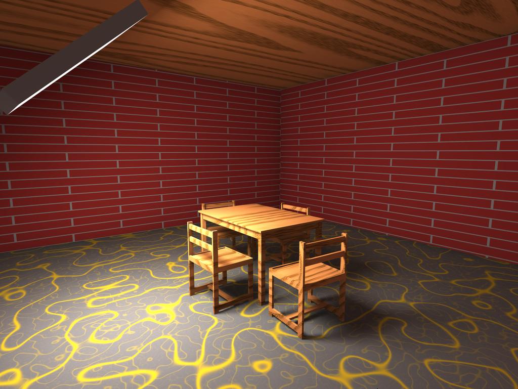 Shown is an office scene with textures, procedural shaders, shadows, reflections, and with volume and lightfield objects. c.