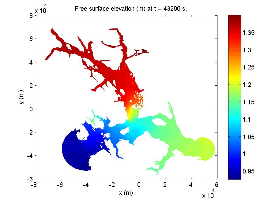 Figure 7.3: Sample contour plot of free surface elevation at a given simulation time. The Matlab script view global velocity.m has many of the same features as the view global elevation.