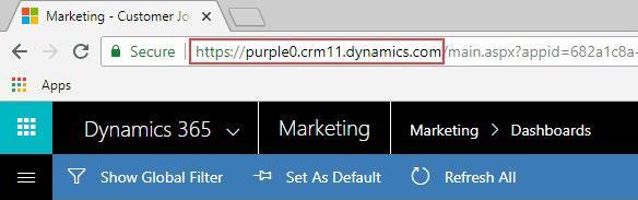 You can label the Connector Name to be anything you like. Next, enter your Microsoft Username and Password. To find the Resource URL, you will need to go to Microsoft Dynamics and select Marketing.