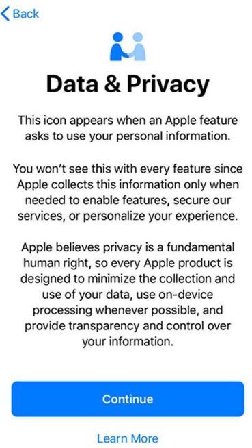 10. Data & Privacy Screen select continue 11. Touch ID You will be prompted to set up Touch ID.