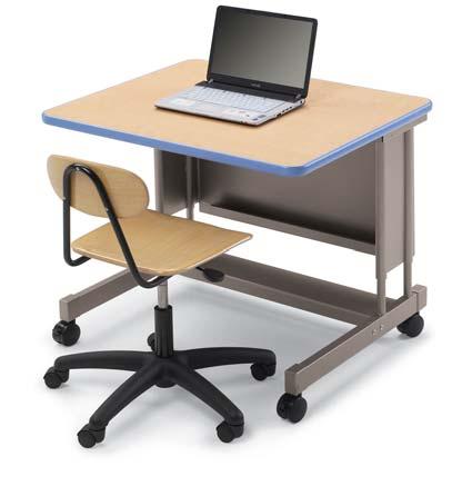 ADA Computer Desk Model 26597 Shown in Golden Oak top with Forest Green edge and Champagne frame. Shown with optional casters. Order separately. Shown with optional Library Adjustable Chair, see pg.