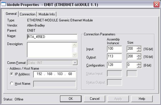 Configure the module to match the below window. Ensure you select Data INT as the Comm Format.