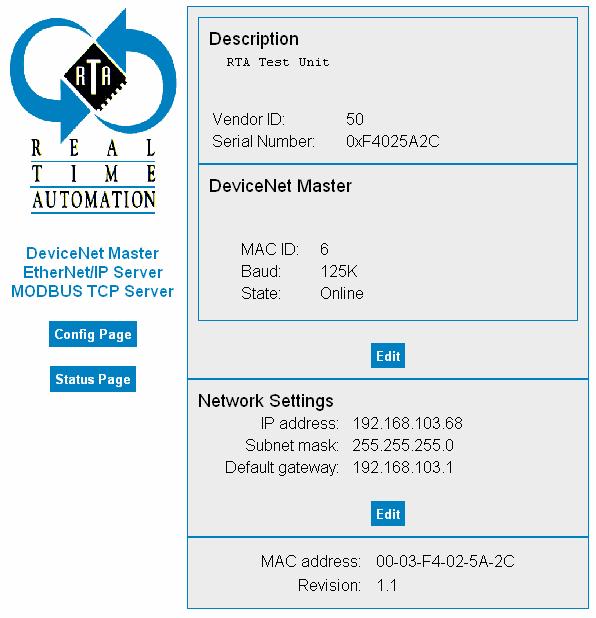 Figure 5-455ED/455EMT Web Server Main Page Step 2 Select a Device to Configure From the DeviceNet Slave Configuration screen shown in Figure 6 select a device to configure.