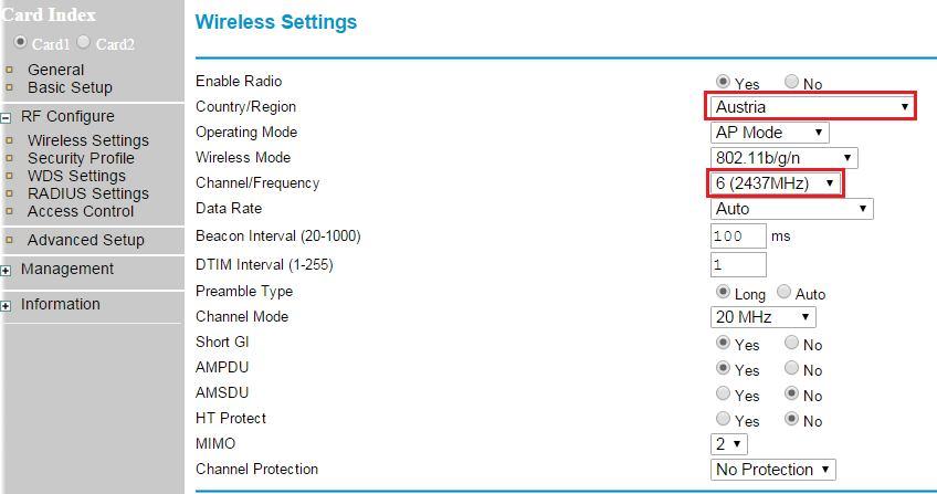 4. Configure the common RF setting as such Country/Region domain and Channel. 5. Click Apply to save the changes. 6. Go to RF Configure > Security Profile. 7.