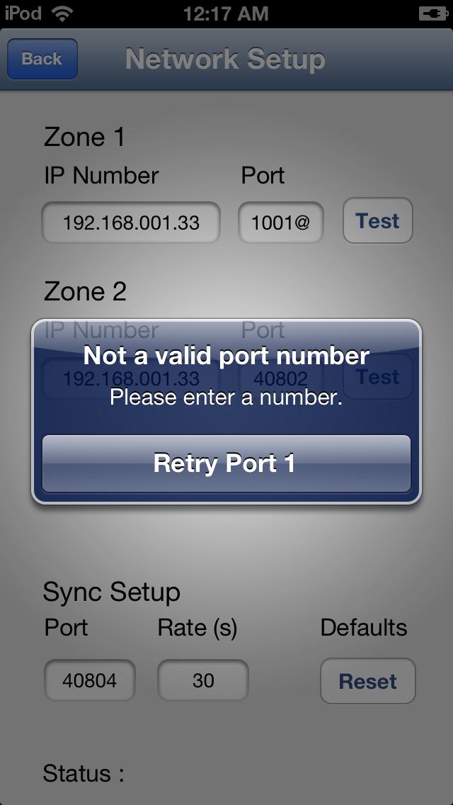 Zone 1,2,3 IP Number Text Field User settable IP Number for Zone 1,2,3. Must be set to agree with your Ethernet- to- RS232 adapter IP Number. Default is 192.168.001.123.