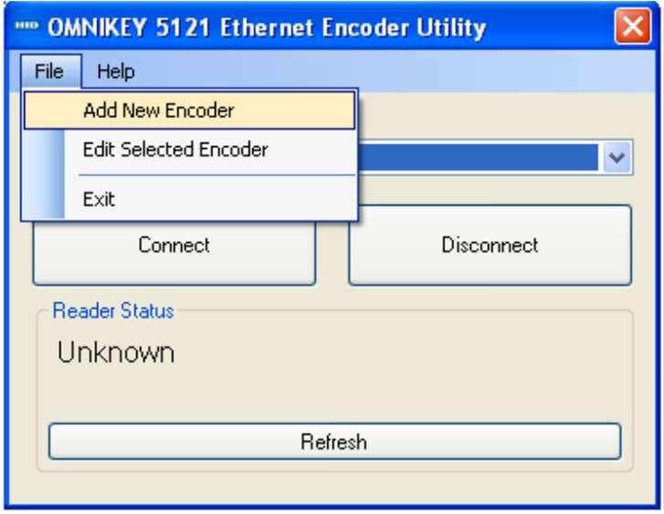 2. In the OMNIKEY 5121 Ethernet Encoder Utility screen, select Add from the File Menu. Figure 1-4 - Adding New Encoder 3.