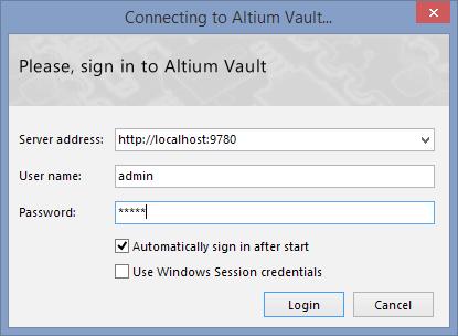 CONNECTING ALTIUM VAULT TO ALTIUM DESIGNER 1. Open Altium Designer. 2. Go to DXP >> Sign into Altium Vault. 3. Fill in your Server Address, Username, Password.