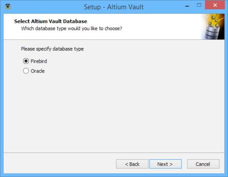 SELECT ALTIUM VAULT DATABASE Use this page of the wizard to specify the type of database used for Altium Vault.