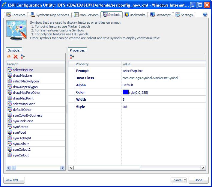 Defining Symbols The following image shows the XML definition file (esriconfig_new.xml) being edited in the ESRI Configuration Utility. The esriconfig_new.