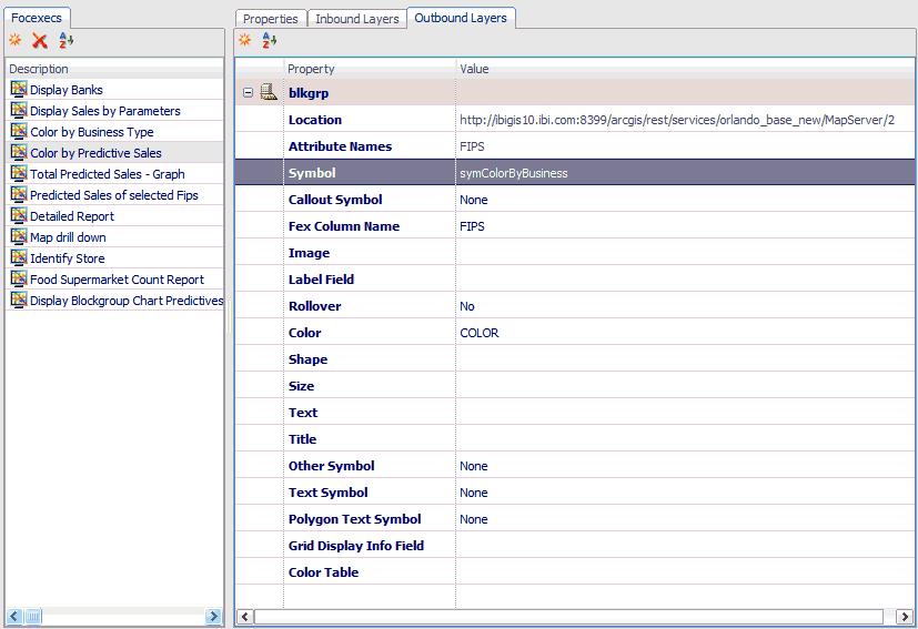 3. Building a Sample Application The following image shows the properties for the outbound layer that is defined for the Color by Predictive Sales Map FOCEXEC (mp_sales.fex).