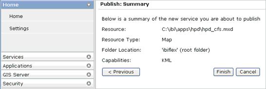 The Publish: Capabilities page opens. 9. Accept the default values and click Next. The Publish: Summary page opens. 10. Click Finish.