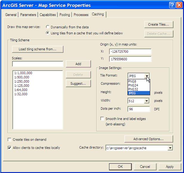 2. Requirements and Prerequisites You are returned to the Caching tab of the Map Service Properties dialog. 7. In the Image Settings section, select JPEG from the Tile Format drop-down list.