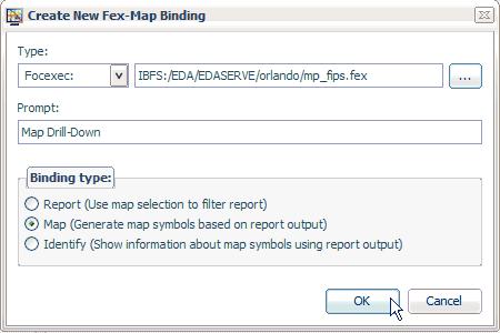 Defining WebFOCUS Reporting Procedures You are returned to the Create New Fex-Map Binding dialog, as shown in the following image.