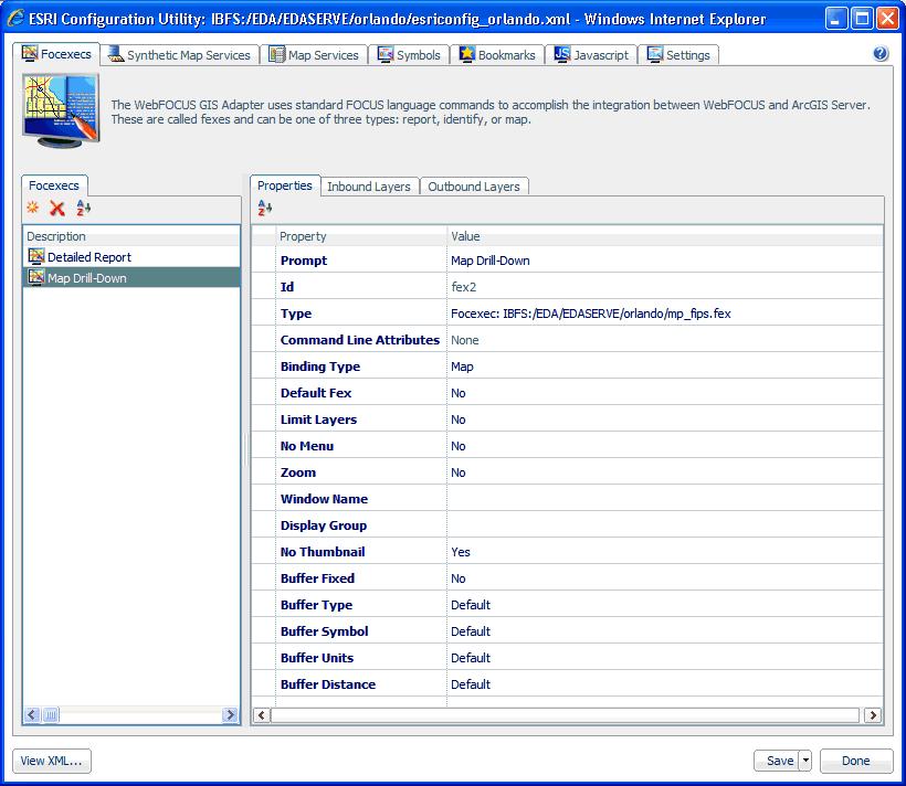 3. Building a Sample Application The new Map FOCEXEC (called Map Drill-Down) is added to the Focexecs pane in the ESRI Configuration Utility, as shown in the following image.