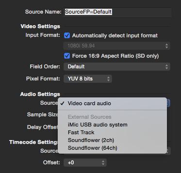 To see the available audio sources, click on the popup menu "Sources" in the Audio Settings of the sources settings popover.