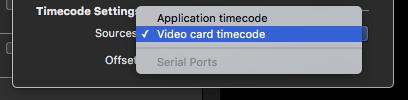 In the first dropdown menu, you can choose from 3 timecode sources for the application timecode: Audio LTC: select the audio input on which the Audio LTC is received.