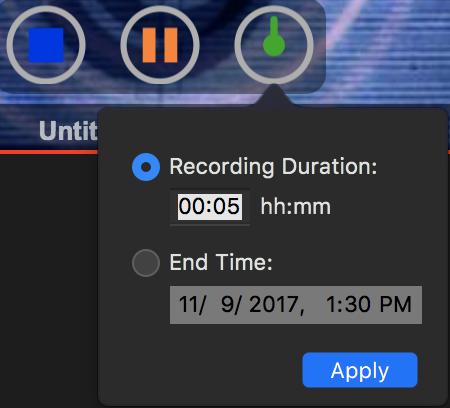 Note that the controls changed slightly and you can now select: Stop recording Pause recording (this is only available for "Classic" destinations) Time the recording: Clicking on the Timer