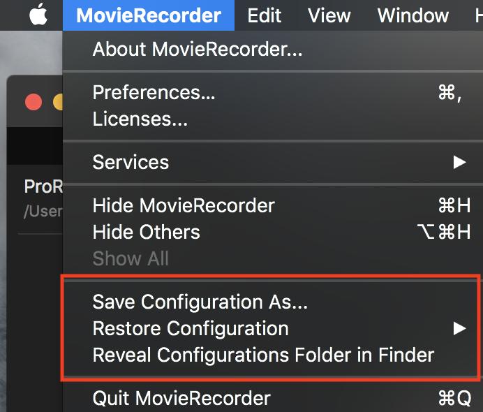 The next time you need that, or a similar, configuration, you can pull it back by clicking on MovieRecorder>Restore Configuration, and then clicking on the desired configuration.