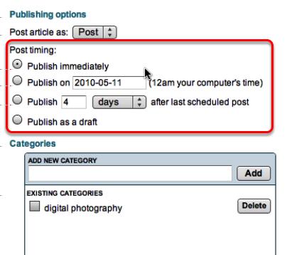 Publishing Options - Post Timing I can also choose to publish my article