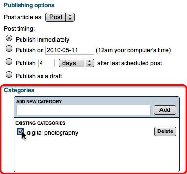 Publishing Options - Categories In this section I can choose a category for my article.