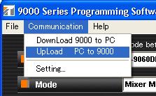 Select "Communication Upload PC to 9000" from the Menu bar. The confirmation dialog appears to confirm that the 9000 Series amplifier is in Backup mode.