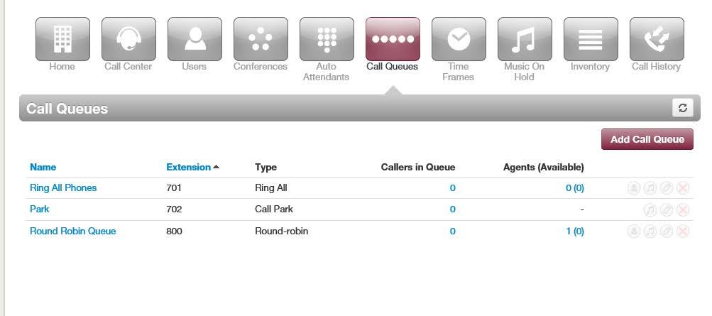 Displaying the Call Queues Page All call queue tasks are performed from the Call Queues page.